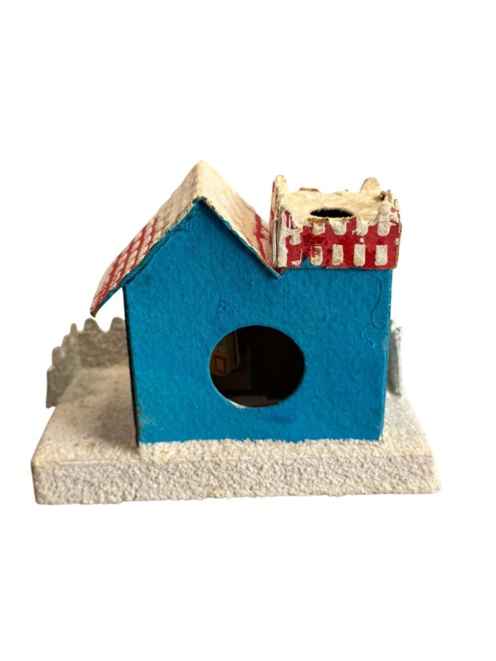 Vintage Christmas Putz House Blue Cottage Bottle Brush Tree Cardboard Japan Styl - Picture 5 of 8